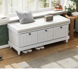 Shoe Storage Bench, Fluted Ottoman Bench with Hidden Storage Space, Wood Bench End of Bed with 3 Doors and Flip Cover Storage for Living Room, Bedroom