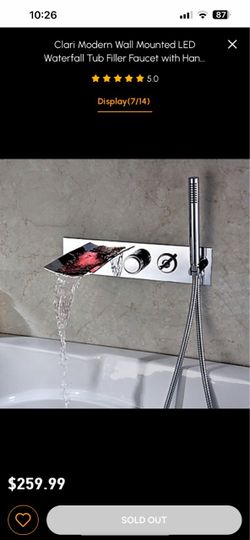Clari Modern Wall Mounted LED Waterfall Tub Filler Faucet With Hand Shower Chrome Sh32