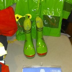 Little Boy Or Girl Frog Raincoat And Boots 