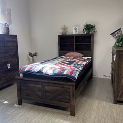 Brown Rustic Bed Frame w Headboard Shelving - Montana 