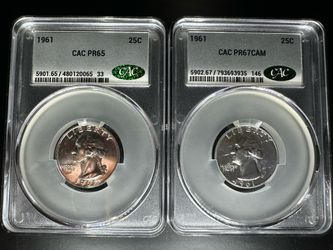 1961 Washington Proof Silver Quarters -  CAC Graded -  PR67CAM & PR65 - Two Coins