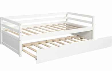 Twin Kids Bed with Storage Twin Trundle, Wood Daybed for Kids, Adults, White