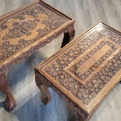 Walnut Wood Carved Side Tables With Glass Tol