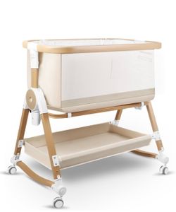4 in 1 Baby Bassinet, Bassinets Bedside Sleeper Adjustable 7 Heights Bedside Sleeper with Mosquito Net, Wheels and Storage Basket, Breathable Mesh Roc