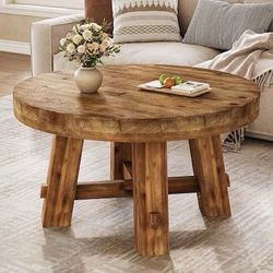 LITTLE TREE Brown 31.5-Inch Round Coffee Table Solid Wood Center Table with Thickened Tabletop for Living Room Apartment Small Space