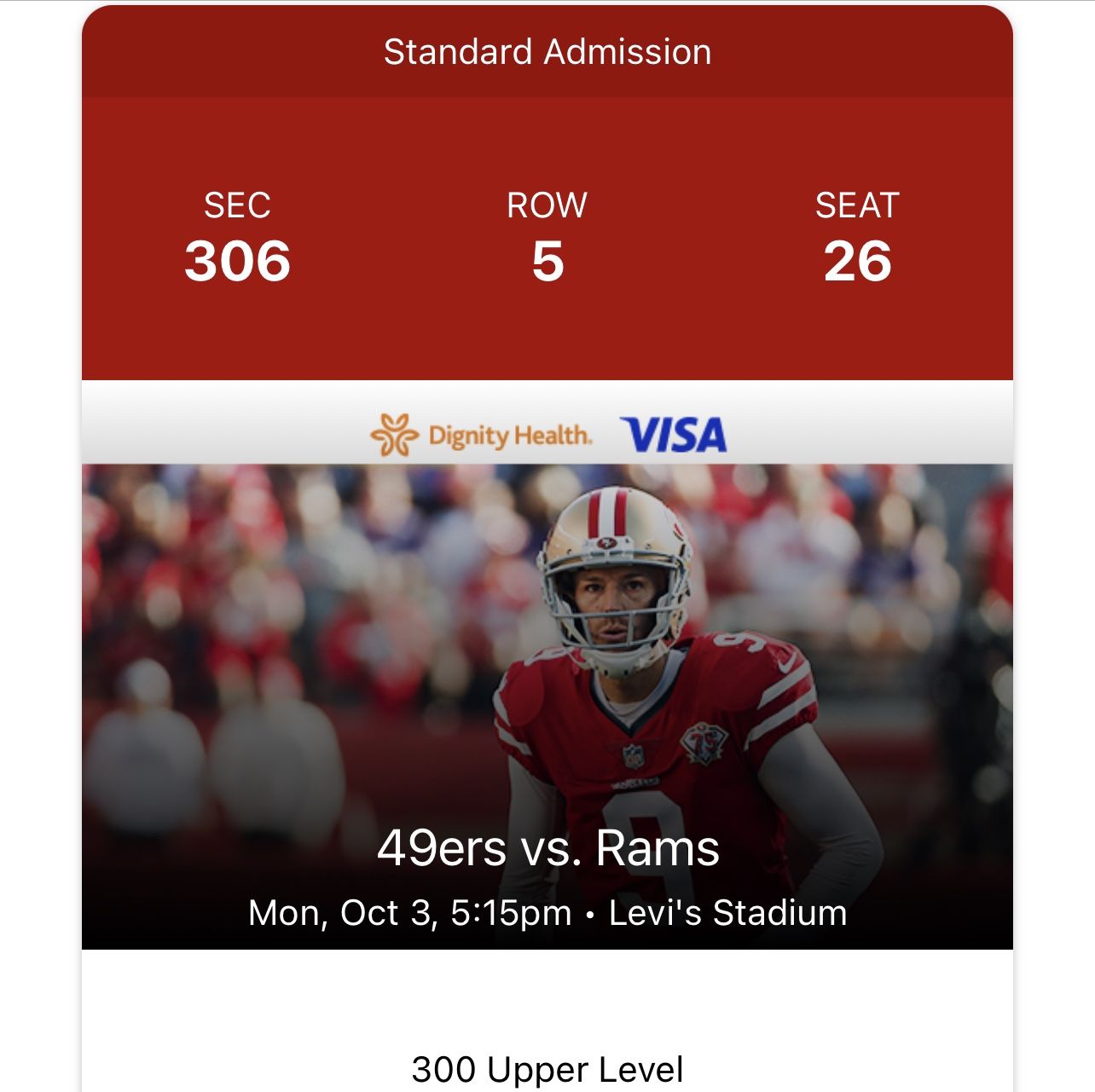 One (1) Ticket 49ers Vs Rams Monday Night 10/3
