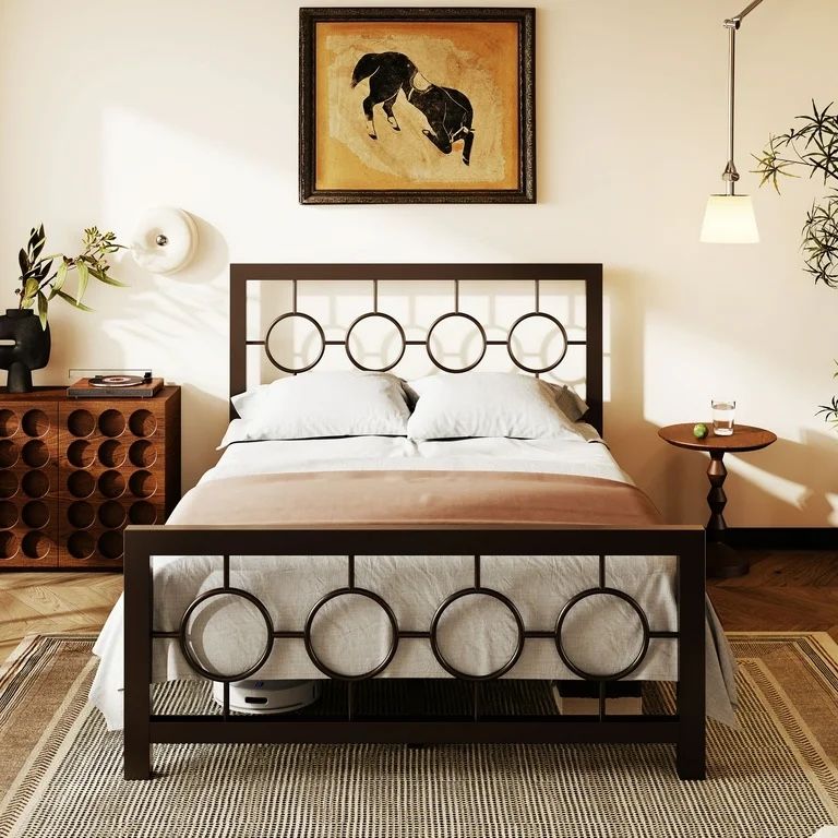Full Size Metal Bed Frame – Brown with Round Headboard Design,All Products : American Fashion Style Bags On Sale