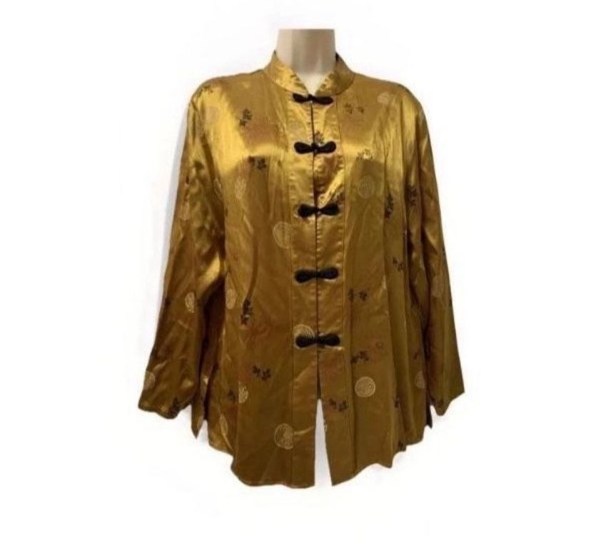 Adult Women Large Gold Asian Tunic Shirt Black Toggle Buttons Long Sleeve NWT