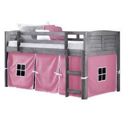 Louvered Twin Low Loft Bed in Antique Grey with Pink Tent Kit