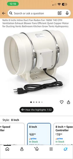 Nalle 8 Inchs Inline Duct Fan Radon Fan 168W 740 CFM Ventilation Exhaust Blower Fans Efficient Quiet Copper Motor for Ducting Vents Bathroom Kitchen G