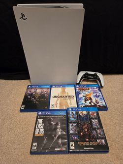 PS5 Disc Edition + controller + 5 games — HDMI, stand, cords
