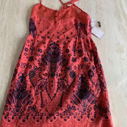 Free People Sunshine Benji Hot Coral $128 NWT SIZE 2  Embroidered Dress