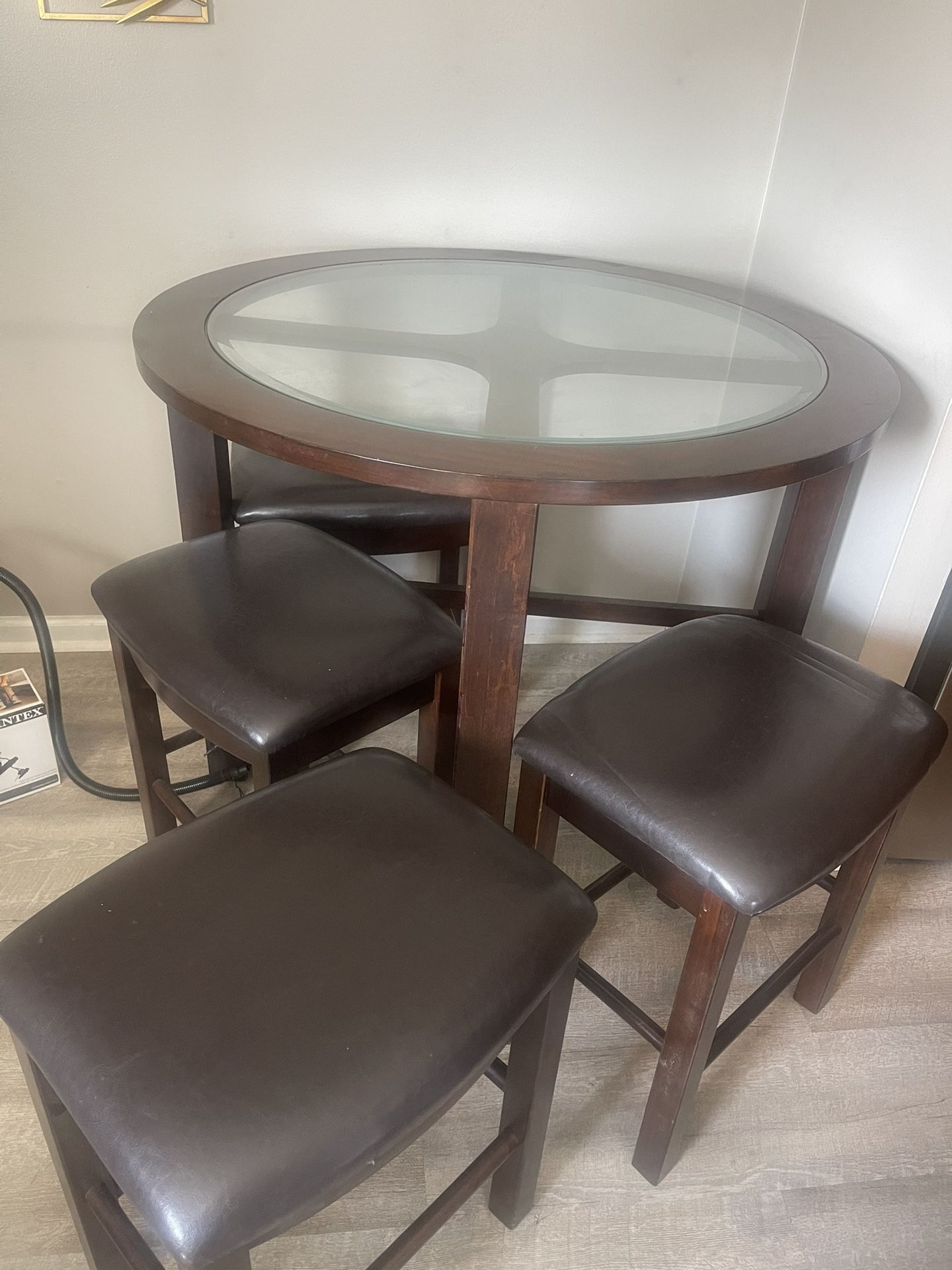 Pub Table Set – Wood & Glass – 4 Chairs w/ Leather Seats – Gently Used