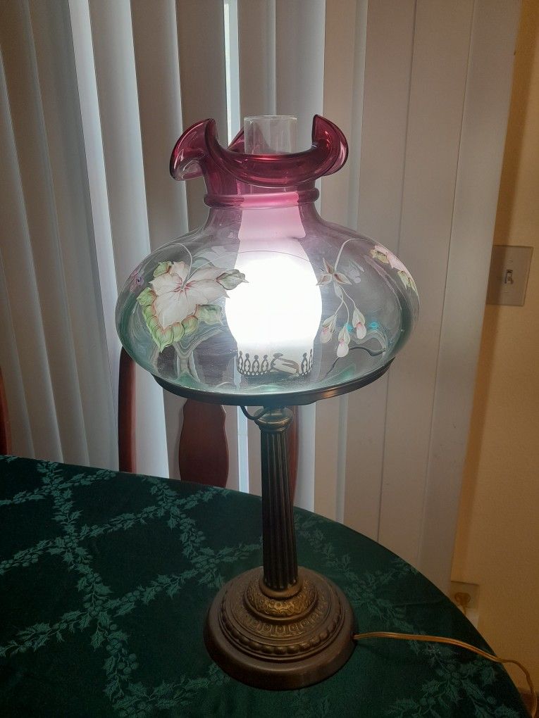 Limited Edition Fenton Rubina Verde Hand Painted Art Glass Lamp