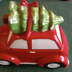 VW Bug Ceramic Christmas Cookie Jar