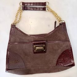 Lauren Ralph Lauren Brown Suede Croc Trim Gold Chain Shoulder Bag Purse