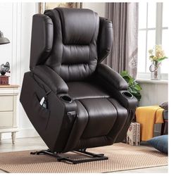 Electric Power Lift Recliner Chair for Elderly, Faux Leather Wingback Recliner Chair with Massage and Heat, Spacious Seat/Cup Holders/USB Ports/Side P
