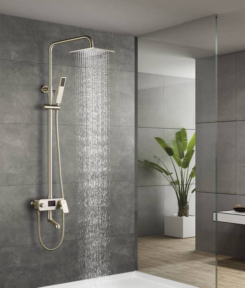 Digital Brushed Gold Rain Shower Faucet Wall Mounted Bathtub Shower Hand Shower Mixer