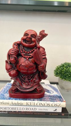 Red Resin Laughing Buddha Statue (8" Tall) – Prosperity & Good Fortune Decor