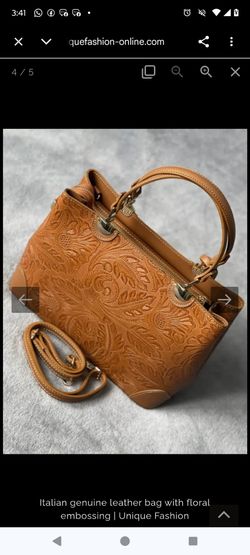 Tan Leather Floral Embossed Handbag