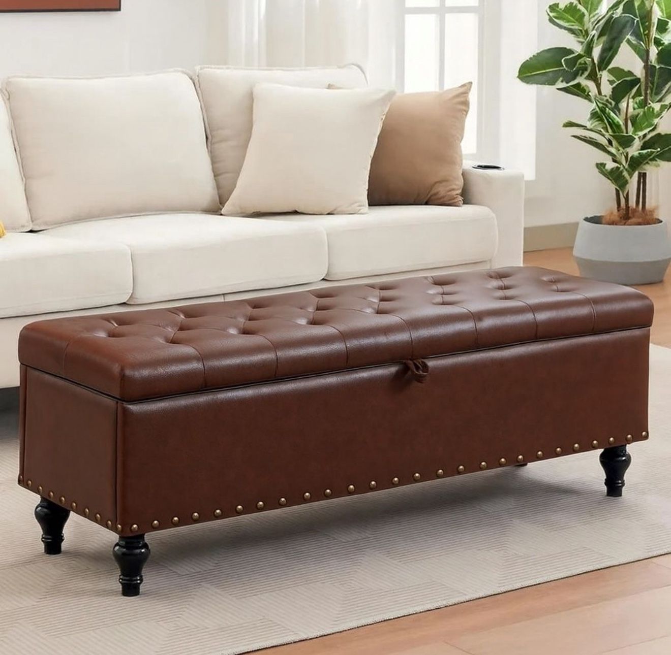 Faux Leather Brown Storage Bench – 51” Tufted Ottoman w/ Large Compartment