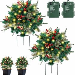 Pair of 2 Artificial Christmas Tree Urn Filler, Battery Operated Pre-Lit Xmas Pine Tree with Cones, Christmas Planter Filler Outdoor with LED Lights, 