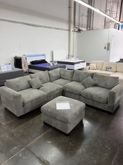BRAND NEW GREY CORDUROY SECTIONAL SOFA COUCH WITH OTTOMAN (NEW IN BOXES)