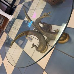 Vintage Brass And Glass Peacock Table