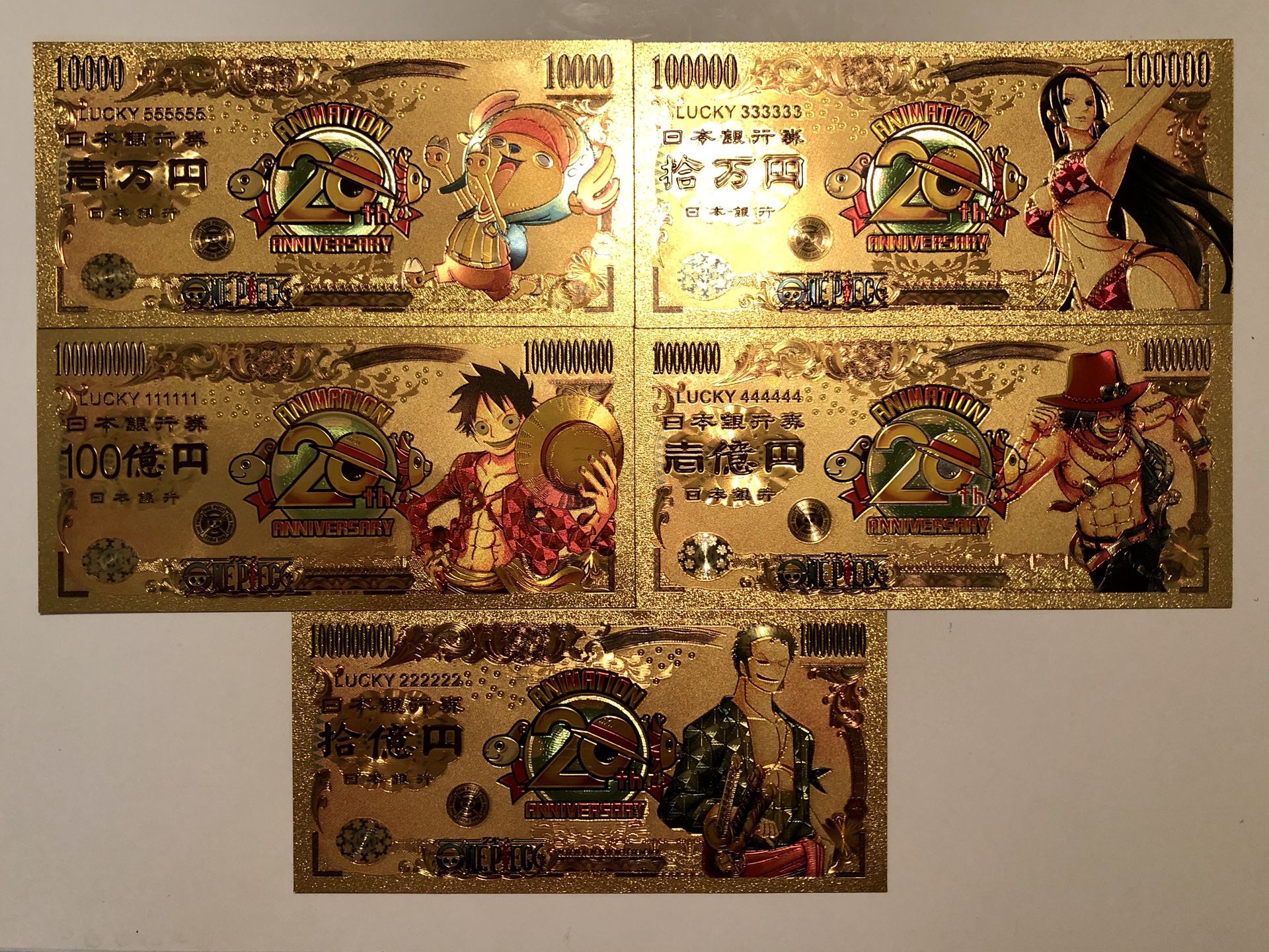 5x One Piece anime Gold cards