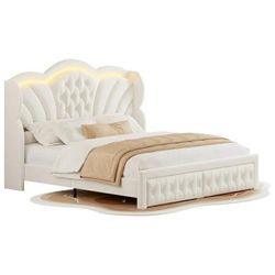 Modern King Bed Frame with 2 Drawers, LED Lights Platform Bed Frame, Sturdy Beds Frame with Upholstered Button Tufted Headboard, Velvet White