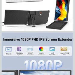 Laptop Screen Extender, 14" FHD 1080P IPS Portable Monitor for 13" - 17" Laptops, Plug & Play Screen Extender, Auto Adjust Width Dual Monitor