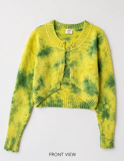 Love Sense Yellow & Green Tie-Dye Cropped Knit Cardigan Sweater
