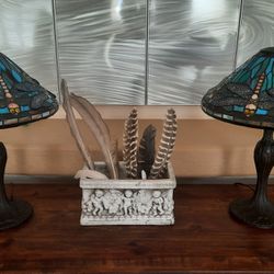 2 Tiffany Stained Glass Dragonfly Table Lamps