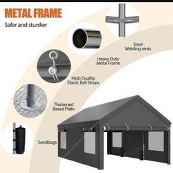 10x20ft Carport, Reinforced Steel Poles with Removable Sidewalls and Doors, Roll-Up Windows