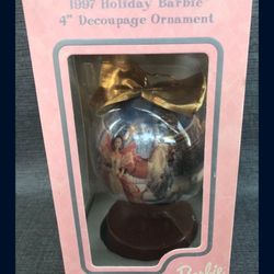 1997 Holiday Barbie 4" Decoupage Ornament with wooden stand - In orig. Box