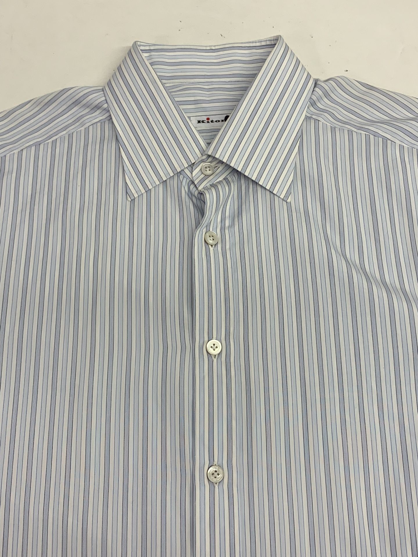 Kiton Men's US 17.5/44 Boxed Pinstripe Button Up Shirt Blue/White