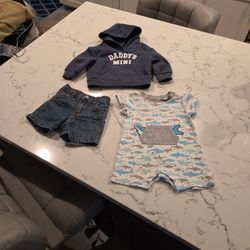 SHARK ONEIES SZ 6MOS, CARTER'S DENIM SHORTS 6MOS,  COZY CUB SWEATSHIRT 3- 6MOS SEE DESCRIPTION 