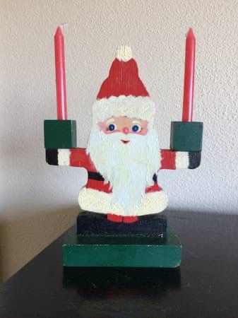 Sweet Hand Painted Wood Santa Holding Two Red Candles