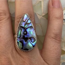 925 Sterling Silver Abalone Shell Gemstone Large Ring 7.5