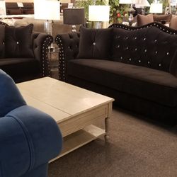 Brand New Black Velvet Modern Sofa + Loveseat 2PCs Set