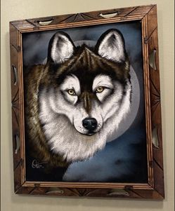 Pre Owned Vintage Velvet Wolf Painting On A Moonlit Background Signed By Ortiz