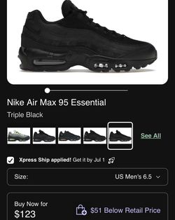 Nike Air Max 95 Essential Triple Black
Used
Men's size 6.5
Women's Size 8