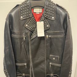 Mens New Gucci Black Leather biker Jacket