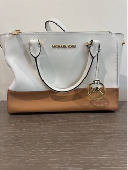 Michael Kors White & Tan Two-Tone Saffiano Satchel