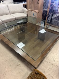 Gorgeous Mid-Century Modern "Art Display" design with a floating glass top over a lower wooden platform base - 60” x 60” x 18”