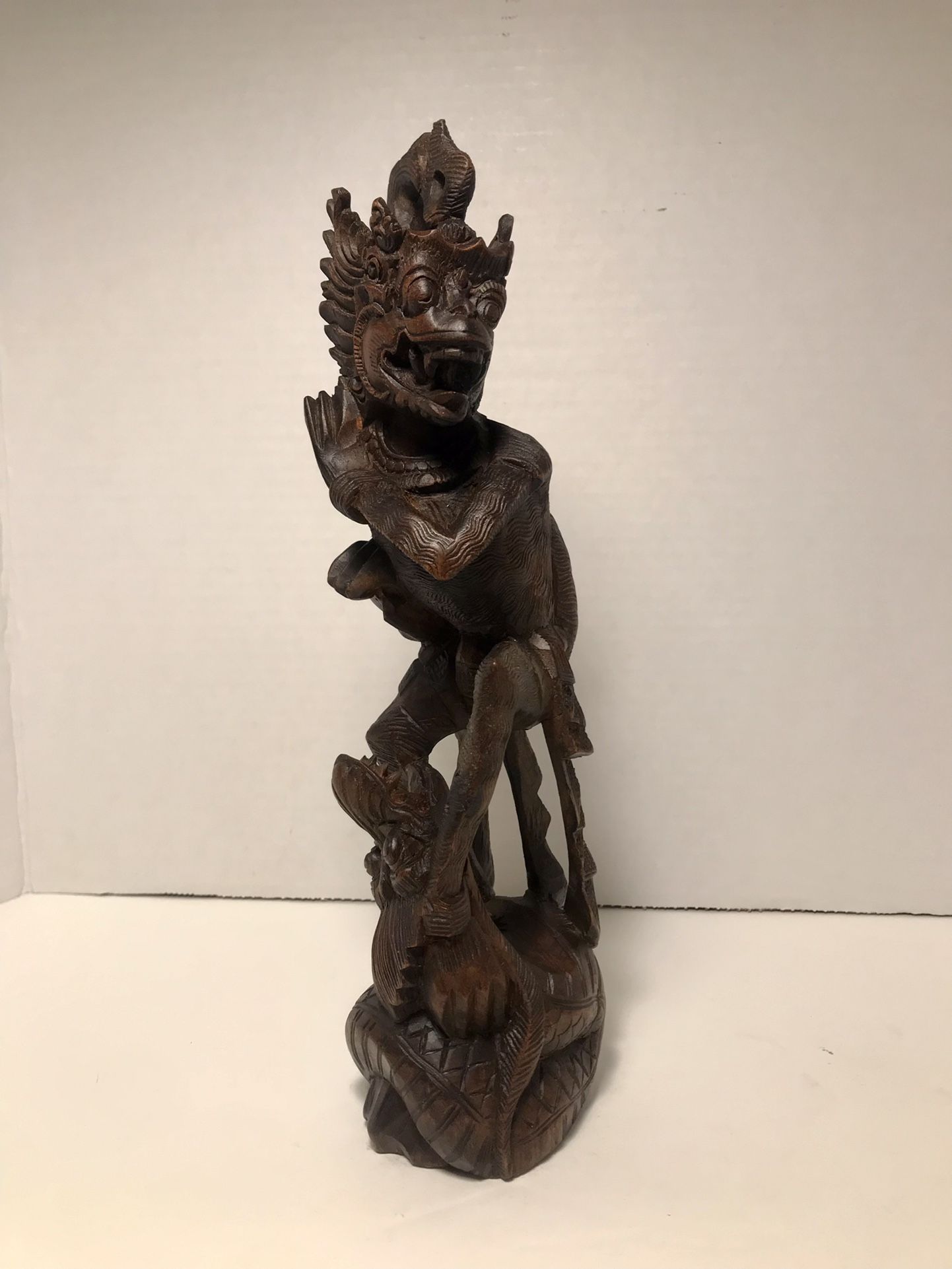 RARE Vintage Garuda Warrior And Dragon Hand Carved Wooden Sculpture Bali 11 1/2