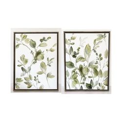 Set of 2 Green & White Botanical Canvas Paintings Wall Art in Floating Grey Wood Frames