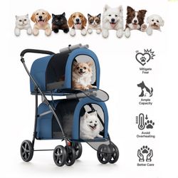 V28 $65  4 in 1 Double Pet Stroller, Foldable Cat Stroller for 2 Cats/Dogs with Detachable Carrier Bags & Rear Brakes, Navy Blue/Gray  Product Type: P