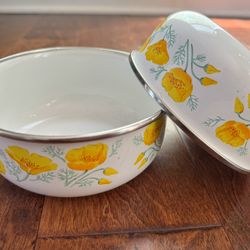 Vintage Kobe Kitchen Enamelware Nesting Bowl Set Yellow Poppies