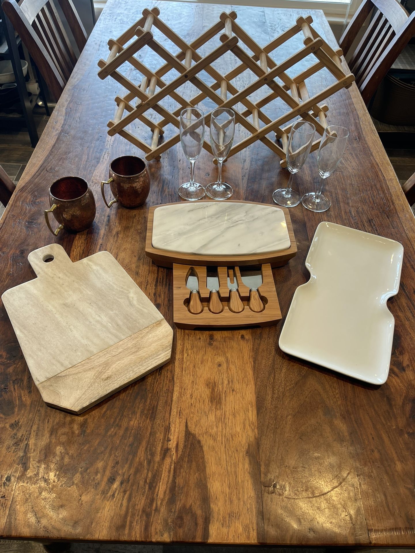 Charcuterie, Serving Trays, Wine Rack, Copper Mugs And Champagne Glassware